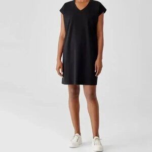 Eileen Fisher Black Jersey Knit V-Neck T-Shirt Dress XXS